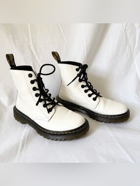 Dr. Martens White Luana Leather Lace-Up Combat Boots with Black Laces